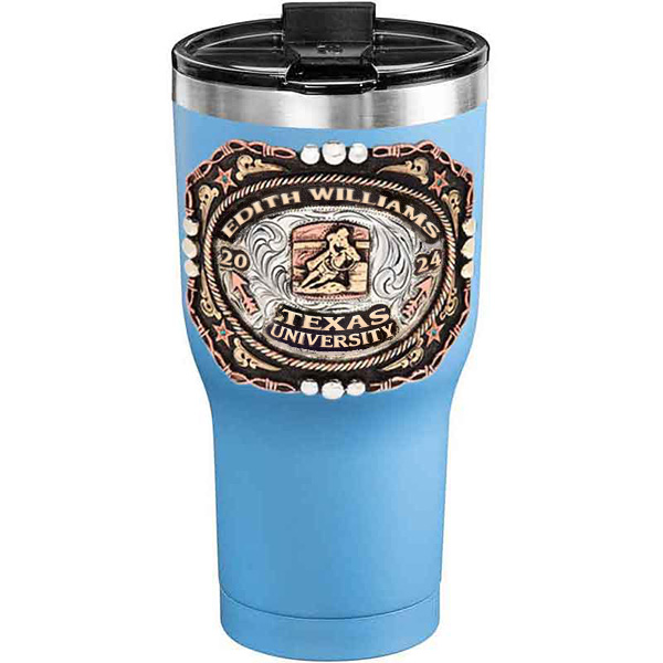 A customized tumbler made of stainless steel with a personalized engraved name and Texas University lettering with barrel racing figure, 30 oz, ideal for coffee or cool drinks